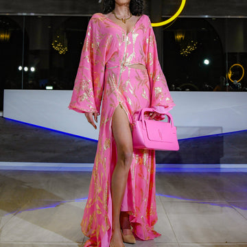 The Elle Dress – Bubblegum Pink Silk with Gold Embroidery