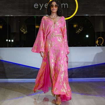 The Elle Dress – Bubblegum Pink Silk with Gold Embroidery